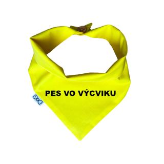 Žlutý šátek pro psa s nápisem Obvod: L - 42 cm, text: SK - pes vo výcviku