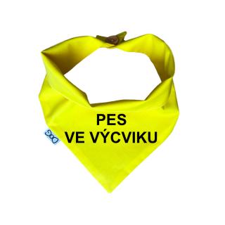 Žlutý šátek pro psa s nápisem Obvod: M - 32 cm, text: CZ - pes ve výcviku