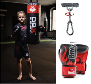 Dětský boxovací SET, pytel 80 x 30 cm, 15 -20 kg, rukavice, držák, ČERVENÝ Velikost: 8oz