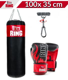 Dětský boxovací SET RING SPORT, pytel 100 x 35 cm 25 kg, rukavice, držák, červený Velikost: 10oz