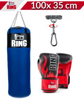 Dětský boxovací SET RING SPORT, pytel 100 x 35 cm 25 kg, rukavice, držák, modrý Velikost: 10oz