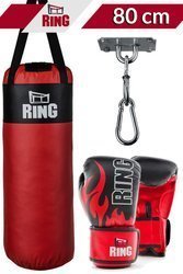 Dětský boxovací SET RING SPORT, pytel 80 x 30 cm 10kg, rukavice, držák, červený Velikost: 10oz