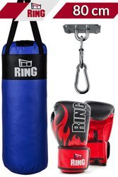 Dětský boxovací SET RING SPORT, pytel 80 x 30 cm 10kg, rukavice, držák, modrý Velikost: 10oz