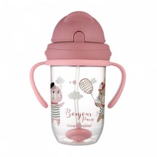 Canpol babies Nevylievací hrnček so slamkou a závažím 270ml BONJOUR PARIS ružový