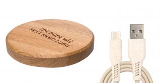 MIN PAD - Váš text - Bezdrátová nabíječka dřevo: Dub, barva kabelu: Kompostovatelný kabel z pšeničné slámy