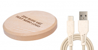 MIN PAD - Váš text - Bezdrátová nabíječka dřevo: Jasan, barva kabelu: Kompostovatelný kabel z pšeničné slámy
