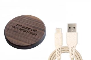 MIN PAD - Váš text - Bezdrátová nabíječka dřevo: Ořech, barva kabelu: Kompostovatelný kabel z pšeničné slámy