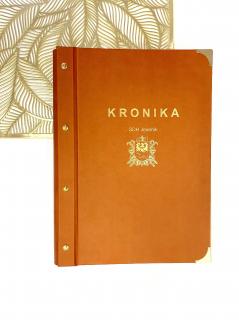 Kronika 35x25 cm, 100 listů, hnědá Barva nápisu: zlatá, Kovové růžky: zlaté růžky (4ks)