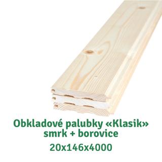 Obkladové palubky; 20x146x4000; C; smrk+borovice; (4ks v balení) (smrk+borovice 230 Kč/m2 bez DPH)