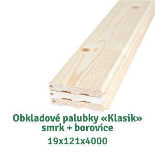 Obkladové palubky «Klasik» 19x121x4000 BC, smrk + borovice - 230 Kč/m2 bez DPH (5 ks v balení  = 2,42 m2 - posledních 5 balení)