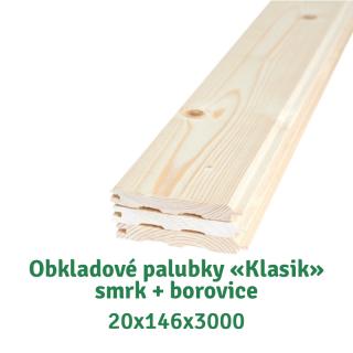 Obkladové palubky «Klasik» 20x146x3000  BC, smrk + borovice - 237 Kč/m2 bez DPH (4 ks v balení = 1,752 m2 = 415,22 Kč bez DPH)