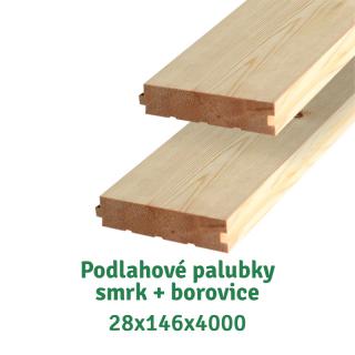Podlahové palubky 28x146x4000 BC, smrk + borovice - 377 Kč/m2 bez DPH (3ks v balení = 1,752 m2 = 660,50 Kč bez DPH)