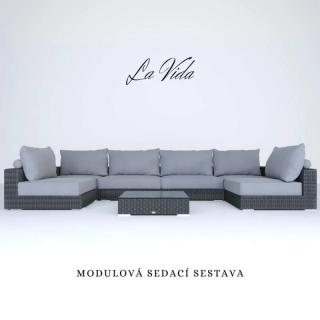 Ratanová sestava LA VIDA LOUNGE. Skládá se ze šesti modulů a konferenčního stolku. Polštáře s přídavnými válečky. Vysoké matrace s paměťovou pěnou pro maximální pohodlí. (Modulární sedací souprava a 1x konferenční stolek)