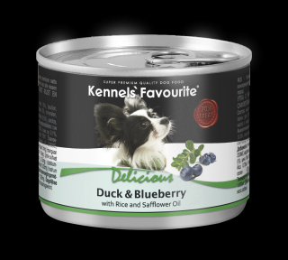 Konzerva pro psy - Kennels' Favourite kachna + borůvky se světlicovým olejem 200 g  ovocná konzerva pro psy vařená v páře