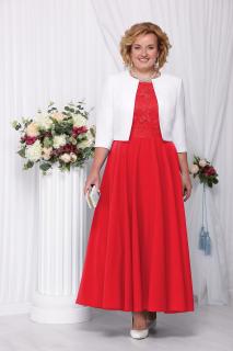 Luxusní společenské šaty pro plnoštíhlé Eugenia červené dlouhé s bílým kabátkem Velikost: 46