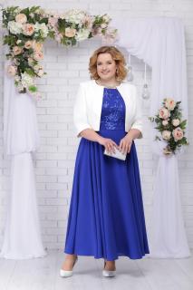Luxusní společenské šaty pro plnoštíhlé Eugenia II modré dlouhé s bílým kabátkem Velikost: 48/50