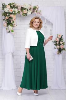 Luxusní společenské šaty pro plnoštíhlé Eugenia II smaragdově zelené dlouhé s bílým kabátkem Velikost: 50/52