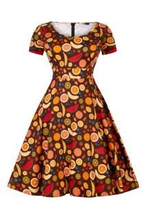 Retro šaty pro plnoštíhlé Penney hnědé s ovocem s všitou spodničkou Velikost: 44 (XXL)