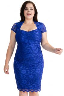 Společenské krajkové šaty pro plnoštíhlé Priscilla modré s krátkým rukávem Velikost: 50