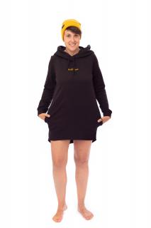 ENDO Mikinové šaty z teplákoviny CURCUMA černé s kapucí Barva: černá, Velikost: L, Potisk: endobohyně - žlutá