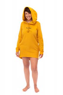 ENDO Mikinové šaty z teplákoviny CURCUMA hořčicově žluté s kapucí Barva: žlutá, Velikost: XL, Potisk: BEZ POTISKU