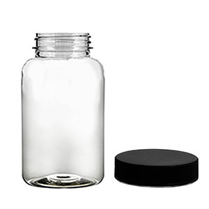 Plastová lahvička čirá s černým uzávěrem Pilulka 100 ml