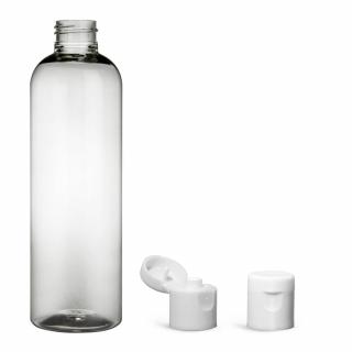 Plastová lahvička, lékovka čirá s bílým dávkovacím víčkem Ambra 200 ml