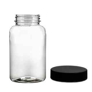 Plastová lahvička, lékovka čirá s černý uzávěrem Pilulka 250 ml