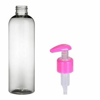 Plastová lahvička, lékovka čirá s růžovým dávkovačem Ambra 250 ml