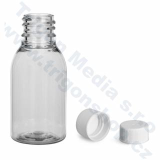 Plastová lahvička, lékovka čirá široká s bílým uzávěrem Via 25 ml