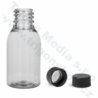 Plastová lahvička, lékovka čirá široká s černým uzávěrem Via 25 ml