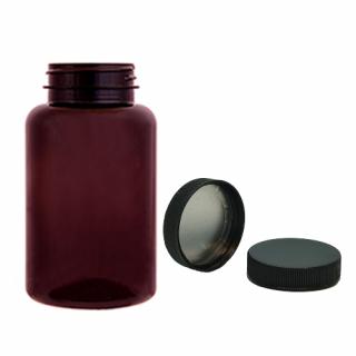Plastová lékovka hnědá s černým uzávěrem s ALU vložkou Pilulka 200 ml