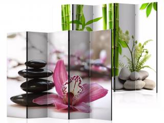 Paraván Fabulo 5-dílný - Orchidej / Bambusy  172 x 225 cm | odlišný design na jednotlivých stranách