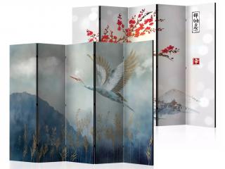 Paraván Fabulo 5-dílný - Pták / Hory  172 x 225 cm | odlišný design na jednotlivých stranách