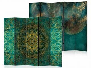 Paraván Fabulo 5-dílný - Zlatá mandala / Zlaté listy  172 x 225 cm | odlišný design na jednotlivých stranách