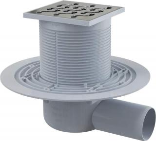 Alcadrain APV102 PODLAHOVÁ VPUST 105×105/50 MM BOČNÍ, MŘÍŽKA NEREZ, VODNÍ ZÁPACHOVÁ UZÁVĚRA