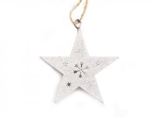 Hvězda dřevěná k zavěšení 4,5cm  bílá na dekorace (Hvězda dřevo závěs 4,5cm 6ks bílá)