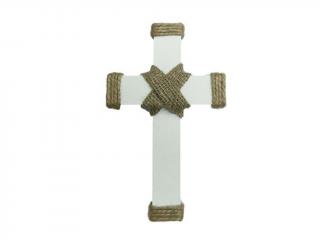 Kříž dřevěný bílý 22 x 13 cm s jutovou dekorací (Kříž dřevo juta 22x13 cm bílý)