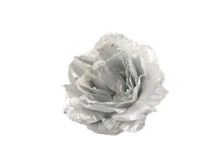 Květ látkový růže 14cm stříbrný glitter