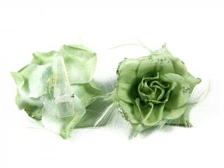 Květ látkový růže 4 cm 4 ks světle zelený glitter