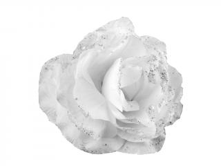 Květ růže látkový 14 cm glitter bílý