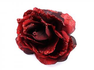 Květ růže látkový 14 cm glitter bordó