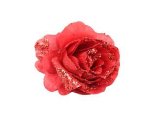 Květ růže látkový 14 cm glitter červený