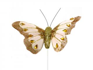 Motýl peří přízdoba 8 cm 6 ks zápich hnědorůžový glitter