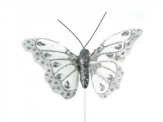 Motýl přízdoba 8 cm 6 ks zápich bílošedá glitter