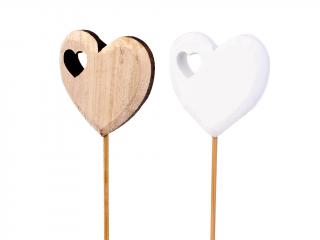Srdce dřevo 6 cm 10 ks zápich bílé a naturální