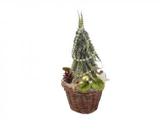 Vánoční dekorace košík proutěný se stromkem 11 cm zasněžený naturální