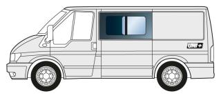 Boční levé posuvné okno - lepené Ford Transit 2001-2014 SWB (čiré autosklo)
