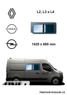 Boční pravé posuvné okno L2, L3 a L4 | Renault Master / Nissan Interstar / Opel Movano (I. panel do posuvných dveří)