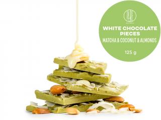 BrainMax Pure Lámaná čokoláda bílá - matcha, kokos a mandle, BIO, 125 g  *CZ-BIO-001 certifikát / White Chocolate Pieces - Matcha, coconut and almonds